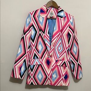 Kilburne & Finch Women’s Geometric Pink and Blue Blazer Sz Small